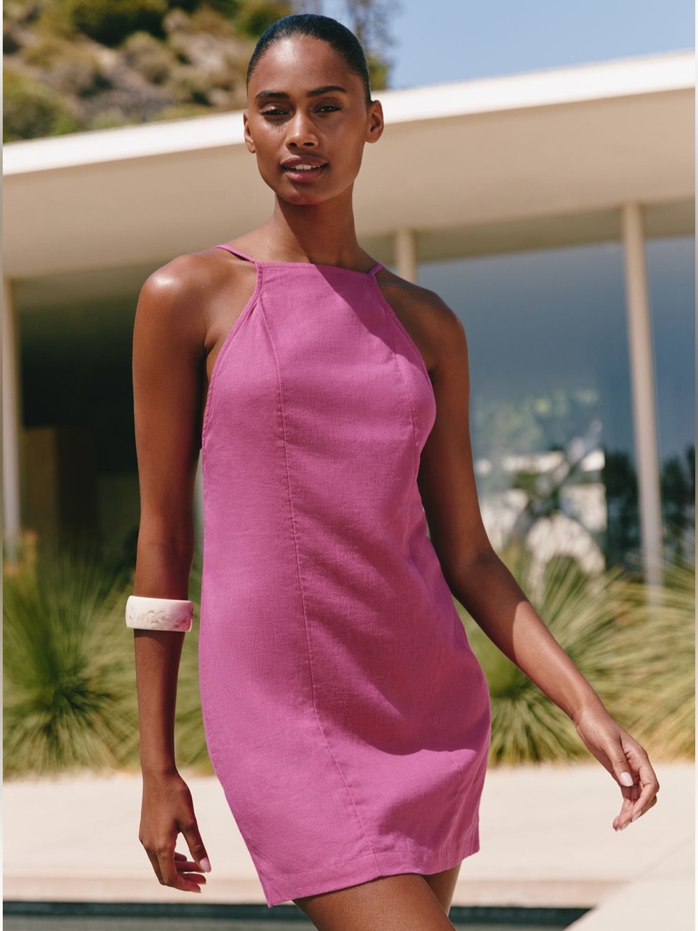 Celandine Linen Beaded Cross-Back Mini Dress